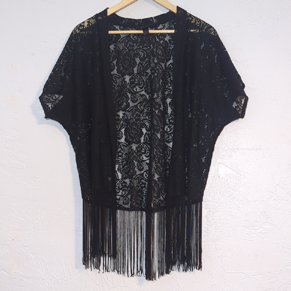 Black Lace Whimsigoth Fairy Grunge Fringe Kimono Cardigan Cover Layering Piece M